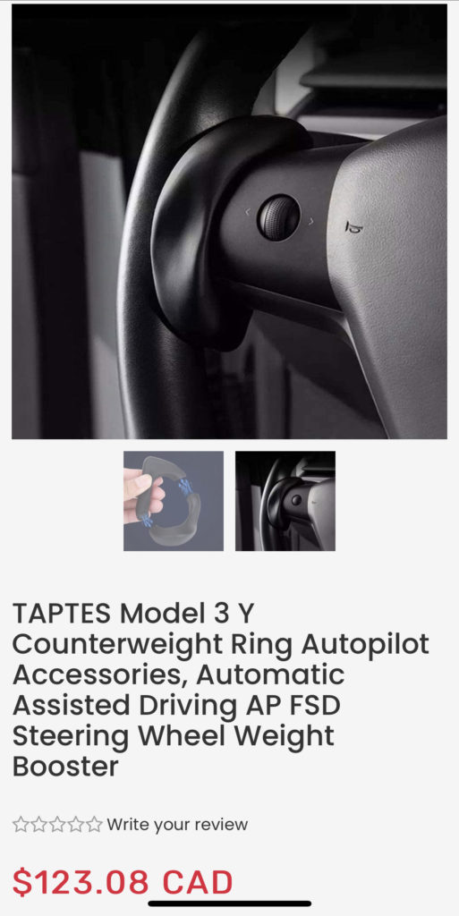 Page produit TAPTES montrant un anneau contrepoids noir fixé sur le côté gauche d’un volant Tesla.