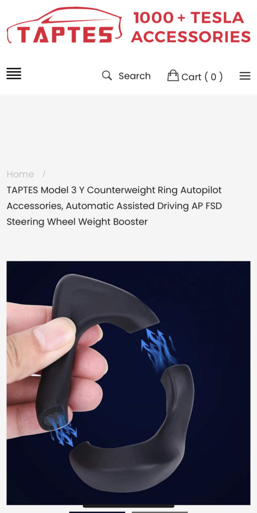 TAPTES product page showing two black magnetic counterweight ring halves held apart, with blue arrows indicating they snap together.
