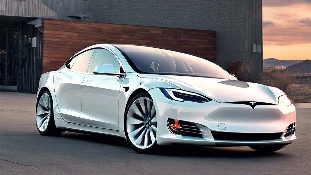 Tesla Model S blanche stationnée devant un bâtiment moderne en bois et métal, au coucher du soleil.