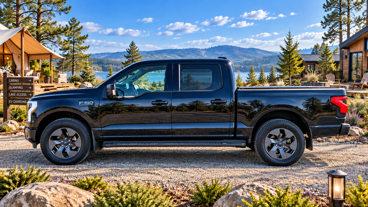Ford F-150 Lightning Flash 2025 bleu foncé vu de côté.