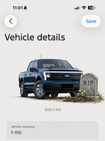 Capture de l’application Ford montrant le F-150 Lightning avec une pierre tombale portant l’inscription RIP.
