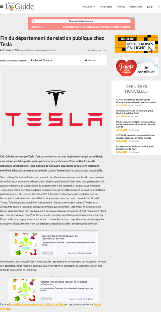 Tesla ferme le département de relations publique et Benoit Charette fait un article douteux